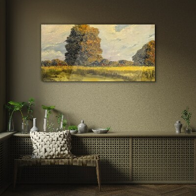 Golden trees in a summer landscape Glass Wall Art