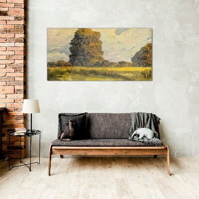 Golden trees in a summer landscape Glass Wall Art