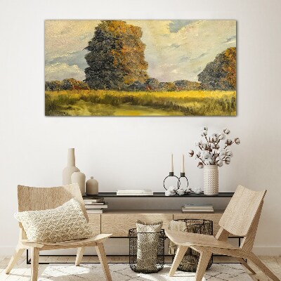 Golden trees in a summer landscape Glass Wall Art