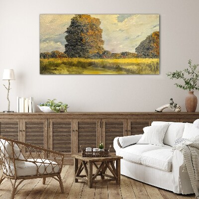Golden trees in a summer landscape Glass Wall Art