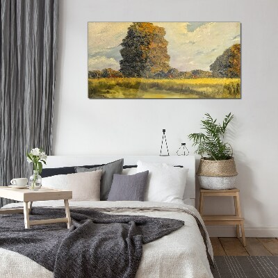 Golden trees in a summer landscape Glass Wall Art
