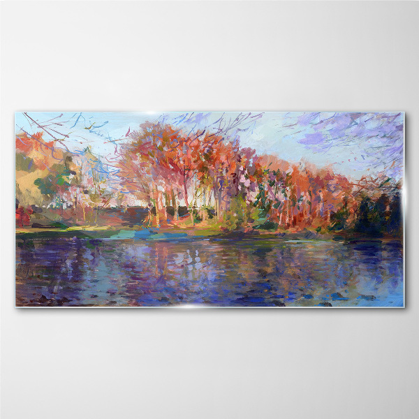 Autumn panorama over the river Glass Wall Art