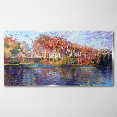 Autumn panorama over the river Glass Wall Art