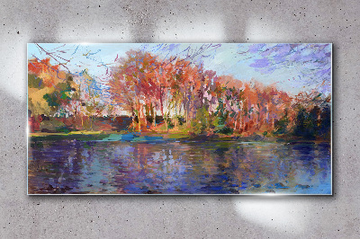 Autumn panorama over the river Glass Wall Art