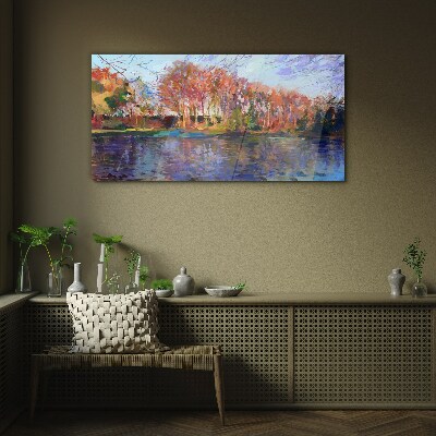 Autumn panorama over the river Glass Wall Art