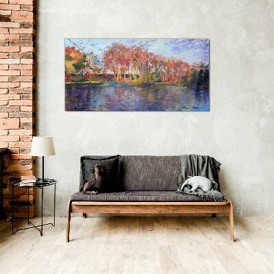 Autumn panorama over the river Glass Wall Art