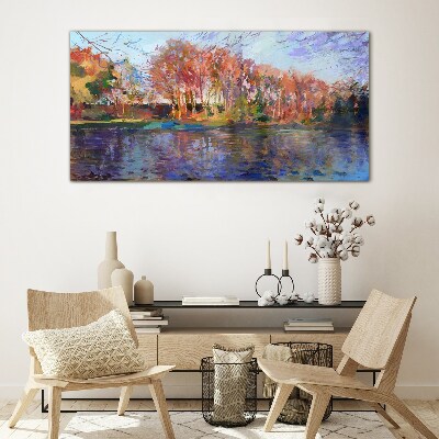 Autumn panorama over the river Glass Wall Art