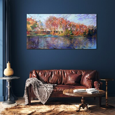 Autumn panorama over the river Glass Wall Art