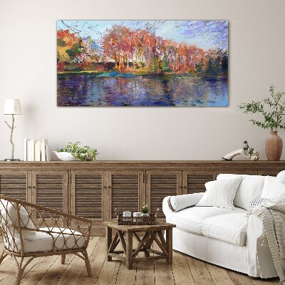 Autumn panorama over the river Glass Wall Art