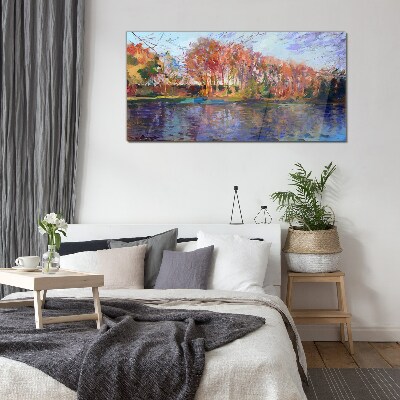 Autumn panorama over the river Glass Wall Art