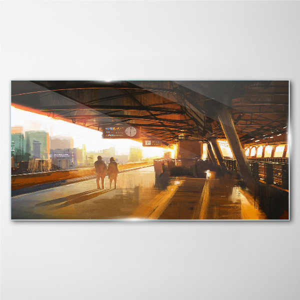 Golden hours at the station Glass Wall Art
