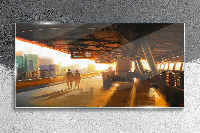 Golden hours at the station Glass Wall Art