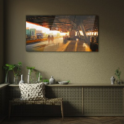 Golden hours at the station Glass Wall Art