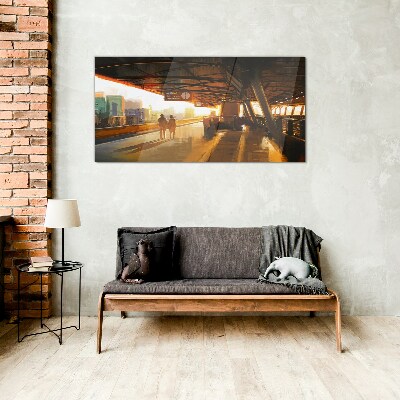 Golden hours at the station Glass Wall Art