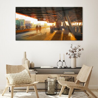 Golden hours at the station Glass Wall Art
