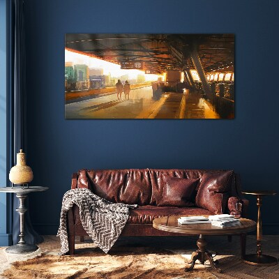 Golden hours at the station Glass Wall Art