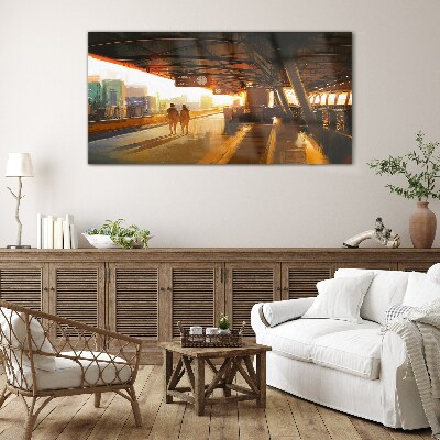 Golden hours at the station Glass Wall Art