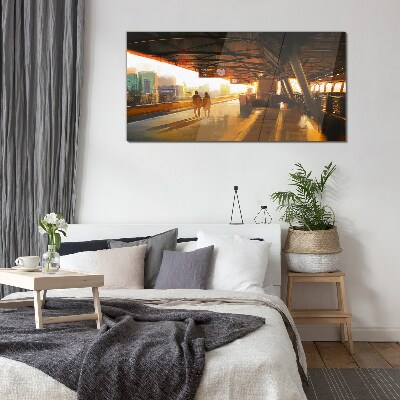 Golden hours at the station Glass Wall Art