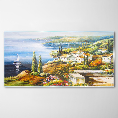 Seaside landscape with a sailboat Glass Wall Art