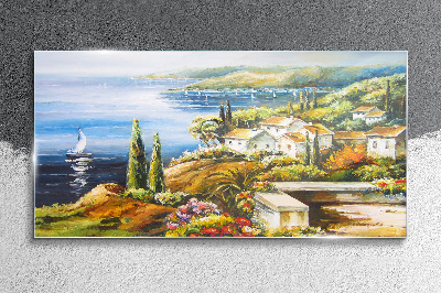 Seaside landscape with a sailboat Glass Wall Art