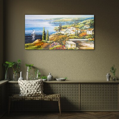 Seaside landscape with a sailboat Glass Wall Art