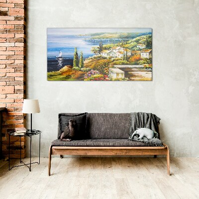 Seaside landscape with a sailboat Glass Wall Art