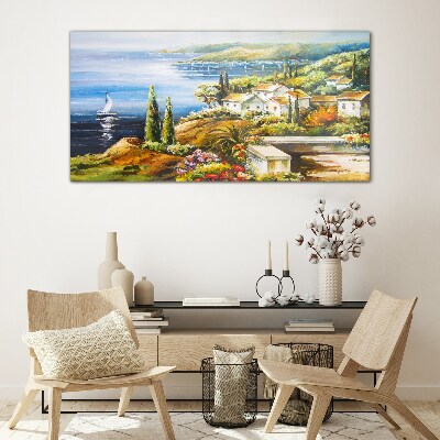 Seaside landscape with a sailboat Glass Wall Art