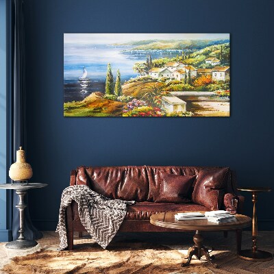 Seaside landscape with a sailboat Glass Wall Art