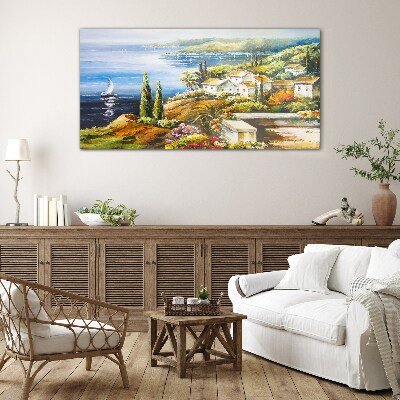 Seaside landscape with a sailboat Glass Wall Art