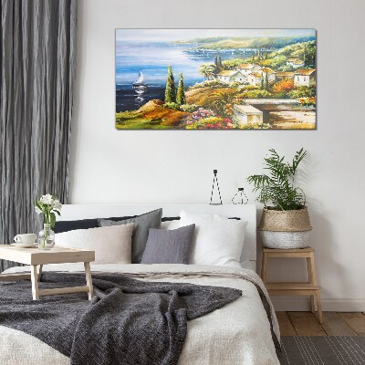 Seaside landscape with a sailboat Glass Wall Art