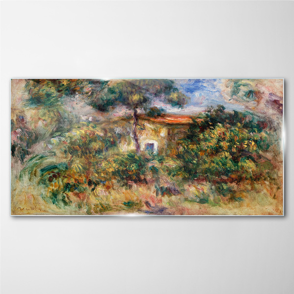 Green landscape with a house Glass Wall Art