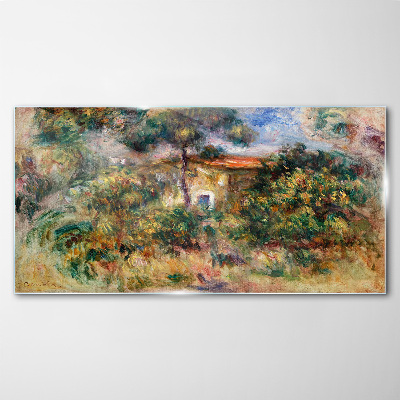 Green landscape with a house Glass Wall Art