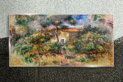 Green landscape with a house Glass Wall Art