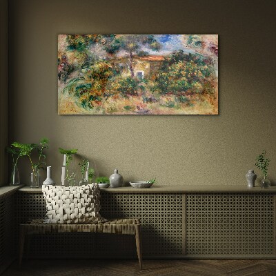 Green landscape with a house Glass Wall Art