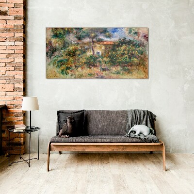 Green landscape with a house Glass Wall Art