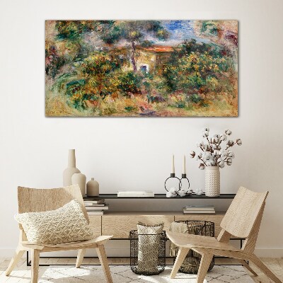 Green landscape with a house Glass Wall Art