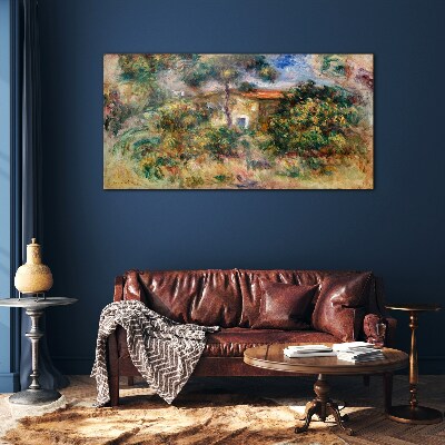 Green landscape with a house Glass Wall Art
