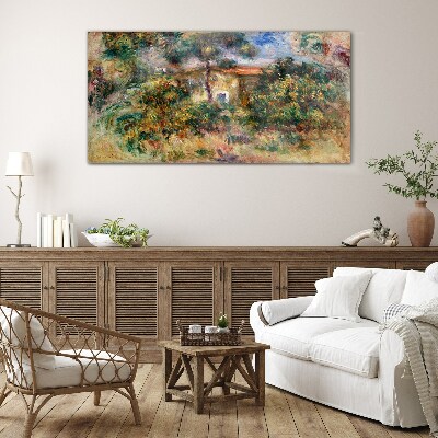 Green landscape with a house Glass Wall Art