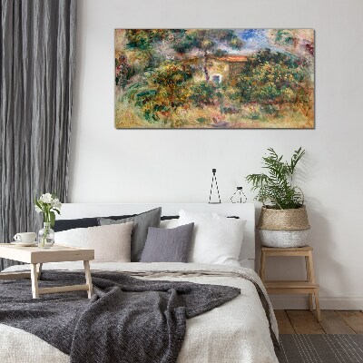 Green landscape with a house Glass Wall Art