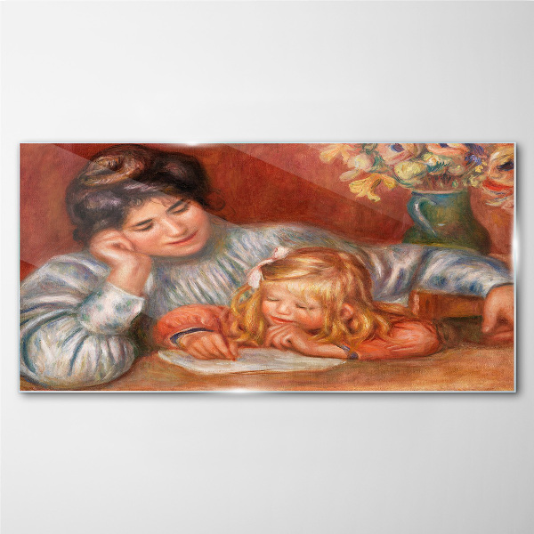 Mother with child at the table Glass Wall Art