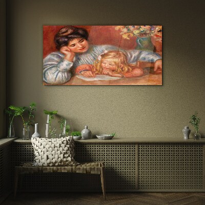Mother with child at the table Glass Wall Art