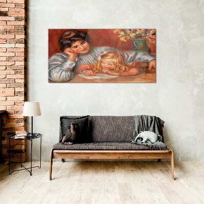 Mother with child at the table Glass Wall Art