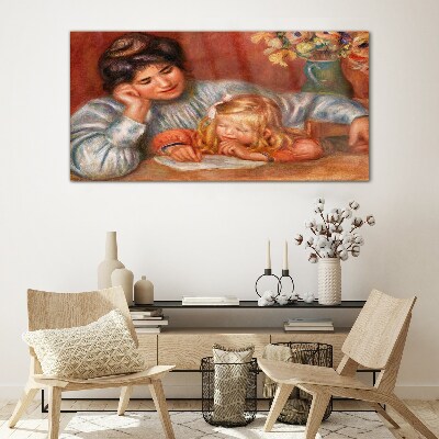 Mother with child at the table Glass Wall Art
