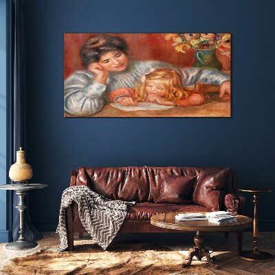 Mother with child at the table Glass Wall Art
