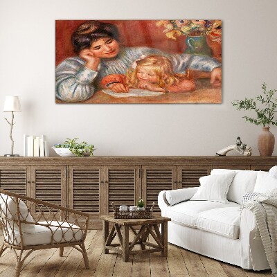 Mother with child at the table Glass Wall Art