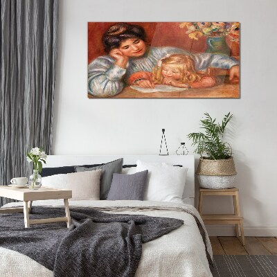 Mother with child at the table Glass Wall Art