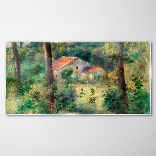 Green landscape with houses Glass Wall Art