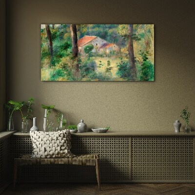 Green landscape with houses Glass Wall Art