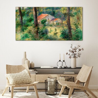 Green landscape with houses Glass Wall Art