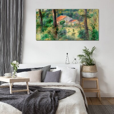 Green landscape with houses Glass Wall Art